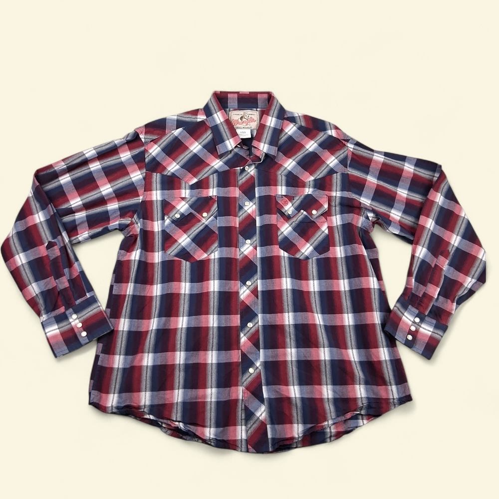Wrangler Burgundy, Navy & White Plaid Western Shirt